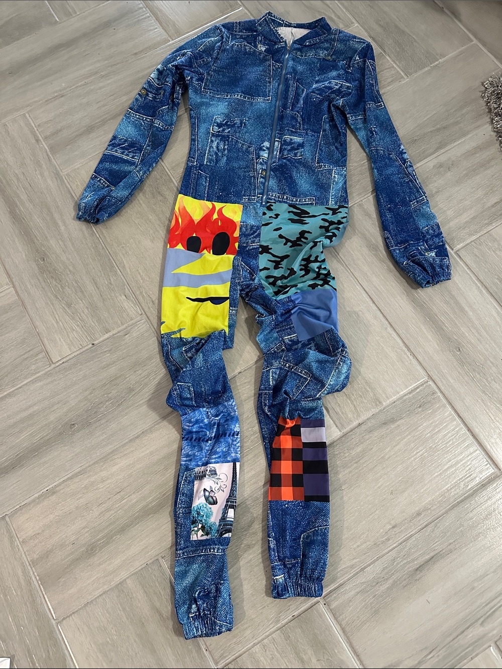 H&M Multi-Color Patchwork Denim-Print Jumpsuit EXCELLENT CONDITION